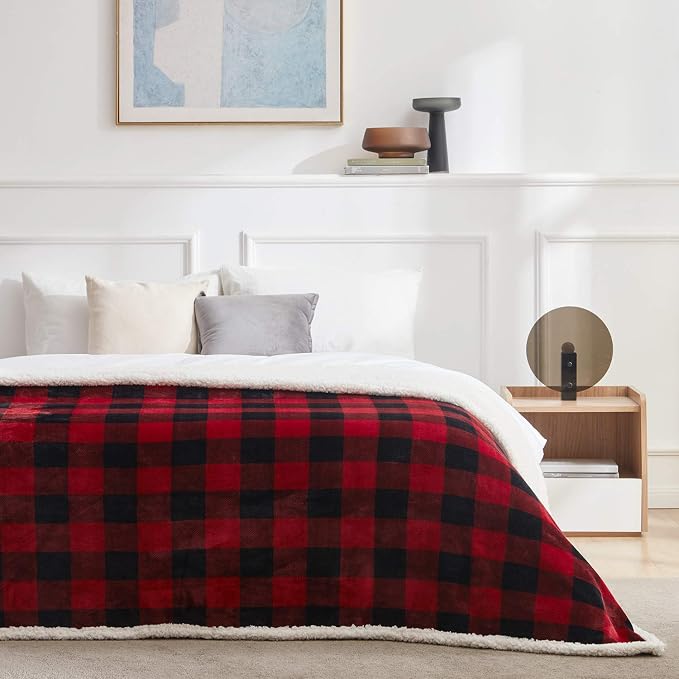 Sherpa Red and Black Buffalo Plaid Christmas Twin Blanket 60" X 70", Fuzzy Fluffy Soft Cozy Throw Blanket, Fleece Flannel Plush Microfiber Blanket for Couch Bed Sofa