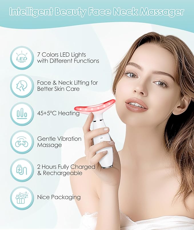 ELISHINE 7 Color Neck Face Massager - Facial Massager Tool for Skin Care at Home, Vibrating Face Massager with Thermals, Galvanic Machines White