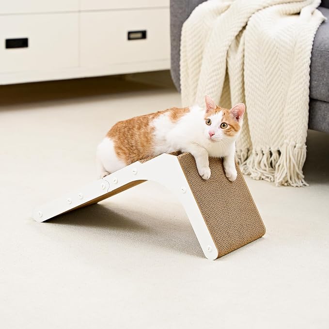 EHEYCIGA Cardboard Cat Scratcher for Indoor Cats, 26.8 Inch, White | L Shaped Scratching Post, Vertical Cat Scratching Board with Ball Cat Toy, Furniture Protector, Large Cat Scratch Pad