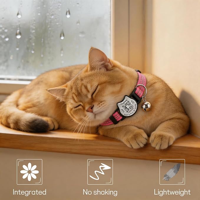 Breakaway Cat Collar with QR Code Tag and Bell (Black & Rose red) | Reflective Nylon, Quick-Release Buckle