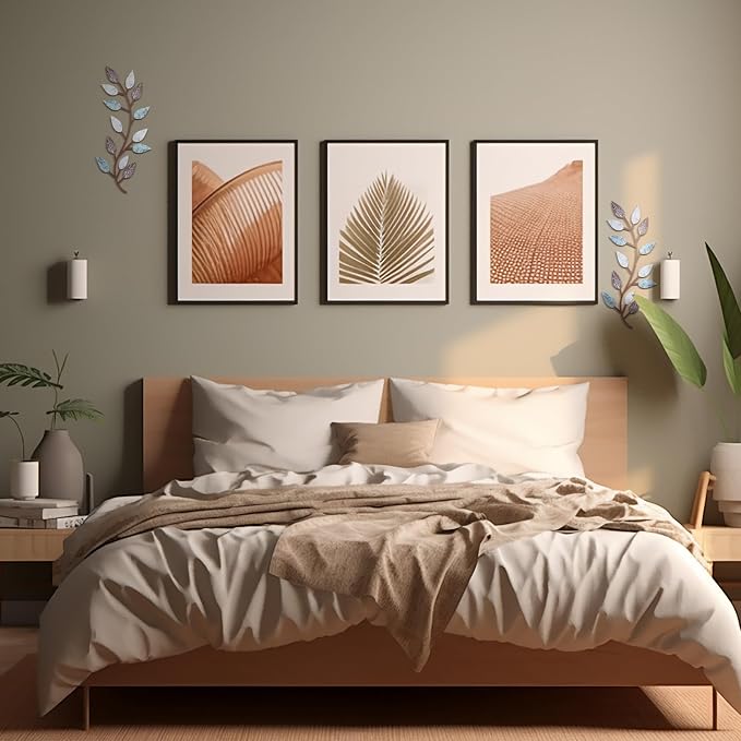 Zhengmy 2 Pcs Metal Leaf Wall Art Vine Branch Decor,Blue Brown Colors | Olive Branch Metal Decor for Living Room Hallway, Symmetrical Leaf Pair for Doorway Entryway, Lightweight Hanging Art Design