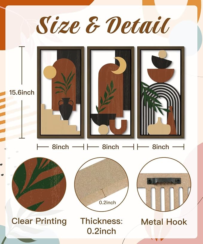Putuo Decor Boho Wall Art Set of 3 Modern Minimalist Wooden Wall Decor Abstract Terracotta Room Decorations Mid Century Artwork for Living Room Bedroom Office in Terracotta Noir 16.5 x 8.6 Inch