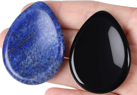 QINJIEJIE 2PCS Crystals Thumb Worry Stones for Anxiety Lapis Lazuli Obsidian Hand Carved Worry Stone Pocket Gemstones Meditation Crystal Reiki Relax Palm Stone Gift for Men