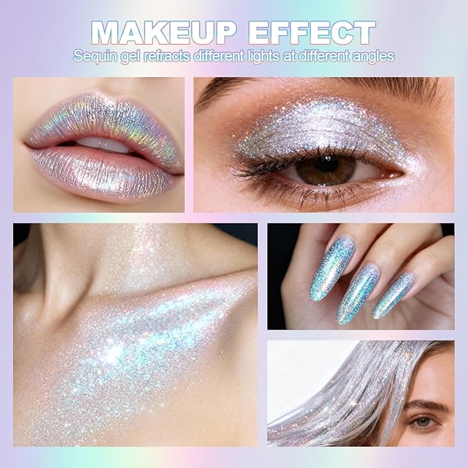 Erinde Holographic Body Glitter Gel, Roll-On Face Hair Glitter for Mermaid Makeup Festival Party Rave Accessories, Chunky Sequins Chameleon Shimmer Christmas Makeup for Women Girls, 01 Sparkling Blue