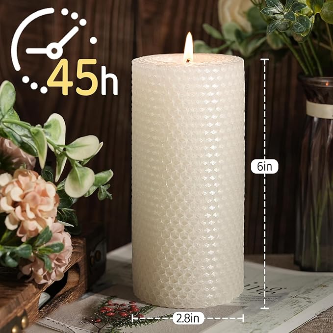 8 Pack Beeswax Pillar Candles, 360 Hours Handmade Large Pillar Beeswax Candles Handcrafted Honeycomb Unscented Bees Wax Candle for Home, Prayer(2.8x6 in)