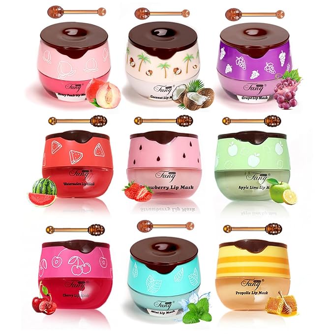 FYEBOO Fruit Lip Mask Set with Honey & Vitamin E, Moisturizing Overnight Treatment, Effective Reduces Lip Lines Prevention Dry and Cracked (9 Flavors)