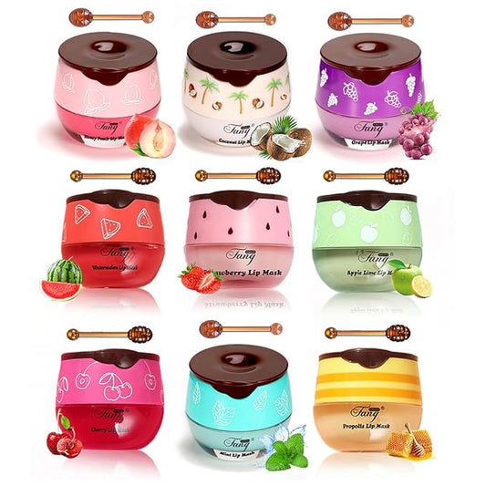 FYEBOO Fruit Lip Mask Set with Honey & Vitamin E, Moisturizing Overnight Treatment, Effective Reduces Lip Lines Prevention Dry and Cracked (9 Flavors)