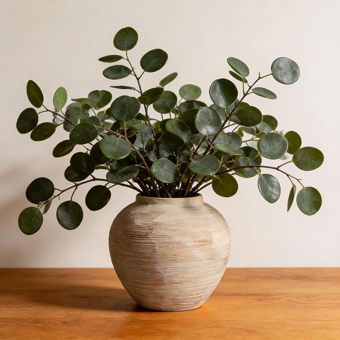 Rustic Ceramic Vintage Farmhouse Vase for Decor (Large Ribbed Beige) | Textured Vase Home Decor, 8.8 in Decorative Terracotta Round Bowl vase for Living Room, Table, Shelf, Kichen Décor
