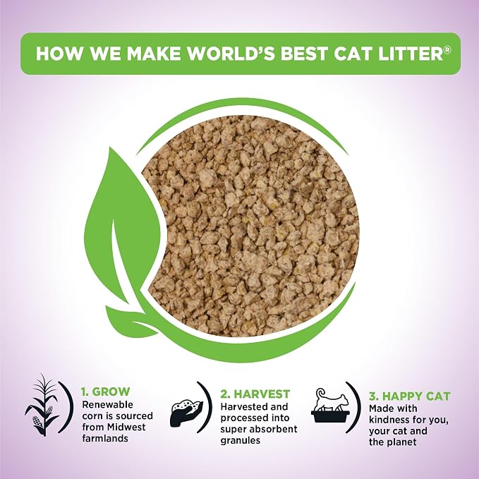 World's Best Cat Litter, Lavender Scented, Long-Lasting Odor Control, 15 lb | Controls multi-cat odors with a calming lavender scent; natural corn litter, quick clumping, flushable, 99% dust free formula