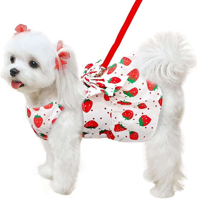 ABRRLO Cute Dog Dress Small Dog Clothes for Girls Female Puppy Outfits Red Strawberry Pet Summer Clothes Bowknot Doggy Cat Princess Dresses Harness for Holiday Birthday Party Costume Clothing (Red,S)