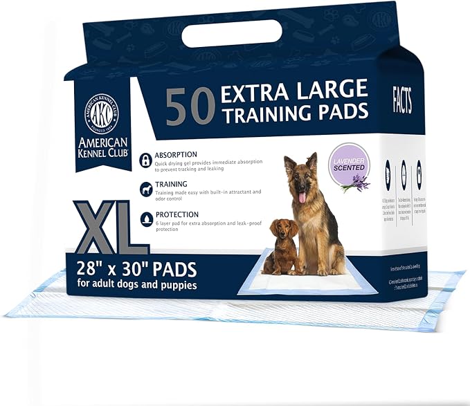 AKC Dog Training Pads, XL 28" x 30", Lavender Scent, 50 Count | Scented dog pee pads help control odors with ultra absorbent quick-dry gel, leakproof layers and potty training protection.