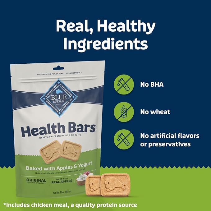 Blue Buffalo Health Bars Mini Crunchy Dog Biscuits, Oven-Baked with Natural Ingredients, Apples & Yogurt, 16-oz Bag (Pack of 4)