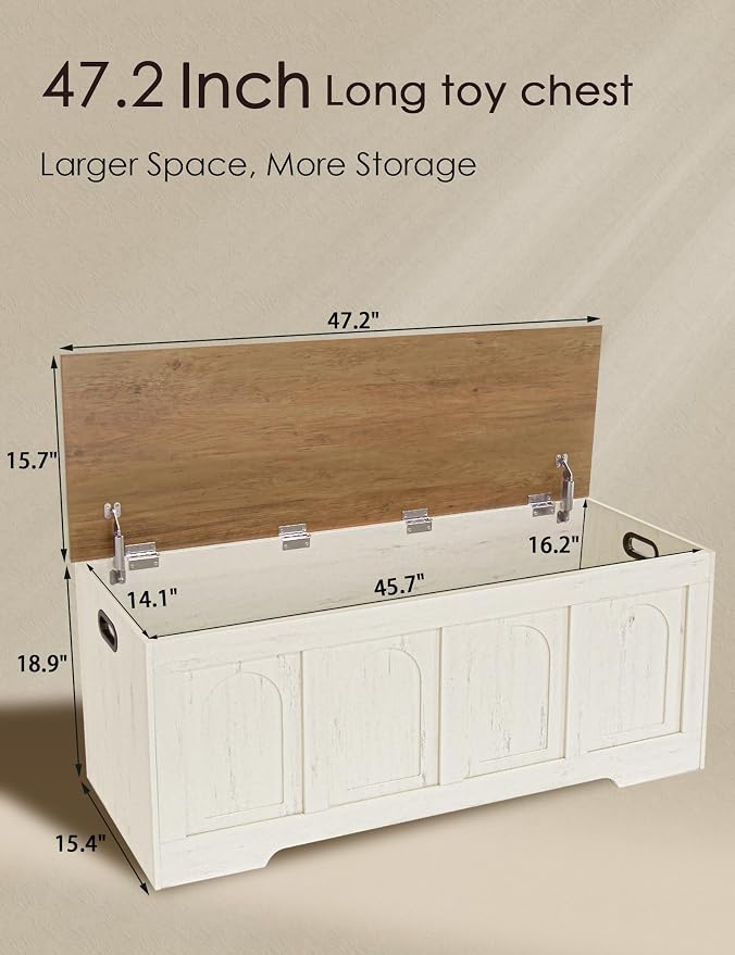Storage Chest, Wooden Toy Box, Honey Brown & Rustic White 47.2" L | Farmhouse Storage Bench, 2 Soft-close Hinges, Finger-safe Flip-Top Lid, Easy Assembly, Extra Large Trunk, Living Room/Bedroom