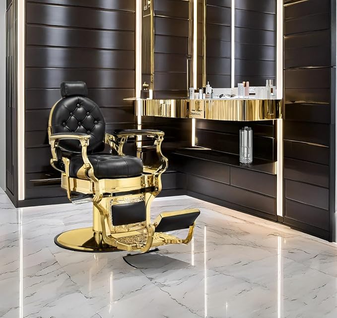 Kaleurrier Hair Styling Chair Reclining: Men’s Barber Chairs for Barber Station - Heavy Duty Salon Chair with Footrest for Hair Stylist Wide Seat Gold and Black