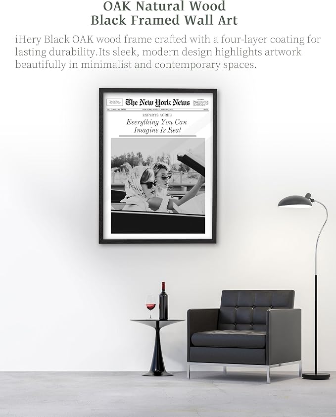 iHery 16x20in Everything You Can Imagine Is Real Framed Newspaper Art | Premium Black Natural OAK Wood Frame with Canvas Print, Vintage Girls Decor for Bedroom, Living Room, Dorm 1Pack