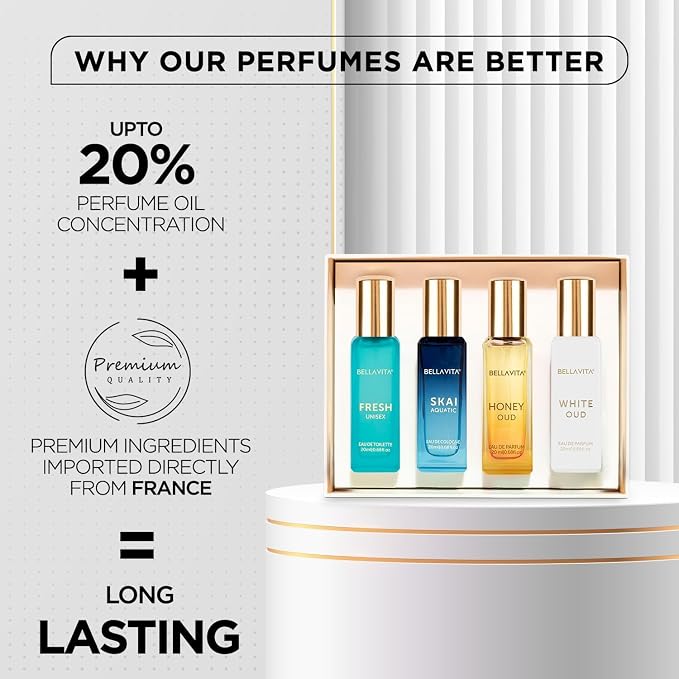 Bellavita Luxury Unisex Perfume Gift Set with Honey Oud, White Oud, Skai, and Fresh | 80ml | Perfume for Men and Women | Honey, Artemisia Lemon, Bergamot, and Sweet Almond Notes | Women's Day Special