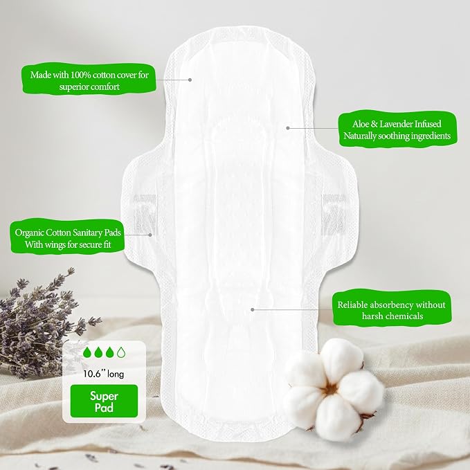 b.pure 100% Organic Cotton Super Absorbency Herbal Feminine Pads with Wings | Chemical Free | Lavender & Aloe Infused | Heavy Flow | 32-Count