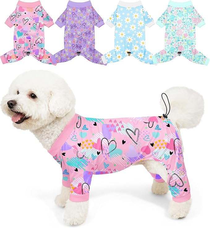 Bienbee Dog Pajamas, 4 Pack Adjustable Onesies for Small to Large Dogs M | Dog Shedding Suit with Soft Fabric, Breathable & Stretchy, and Adjustable Back Length for Sleeping Lounging and Daily Use