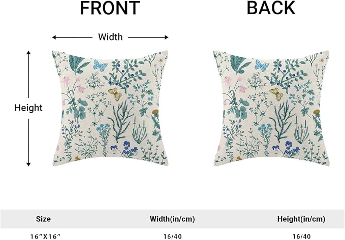 AEIOAE Spring Pillow Covers 16x16 Inch Set of 2,Blue Teal Wild Flower Plant Throw Pillows Case,Seasonal Floral Outdoor Decorative Square Linen Farmhouse Decor Cushion Covers for Home Sofa Bed Couch