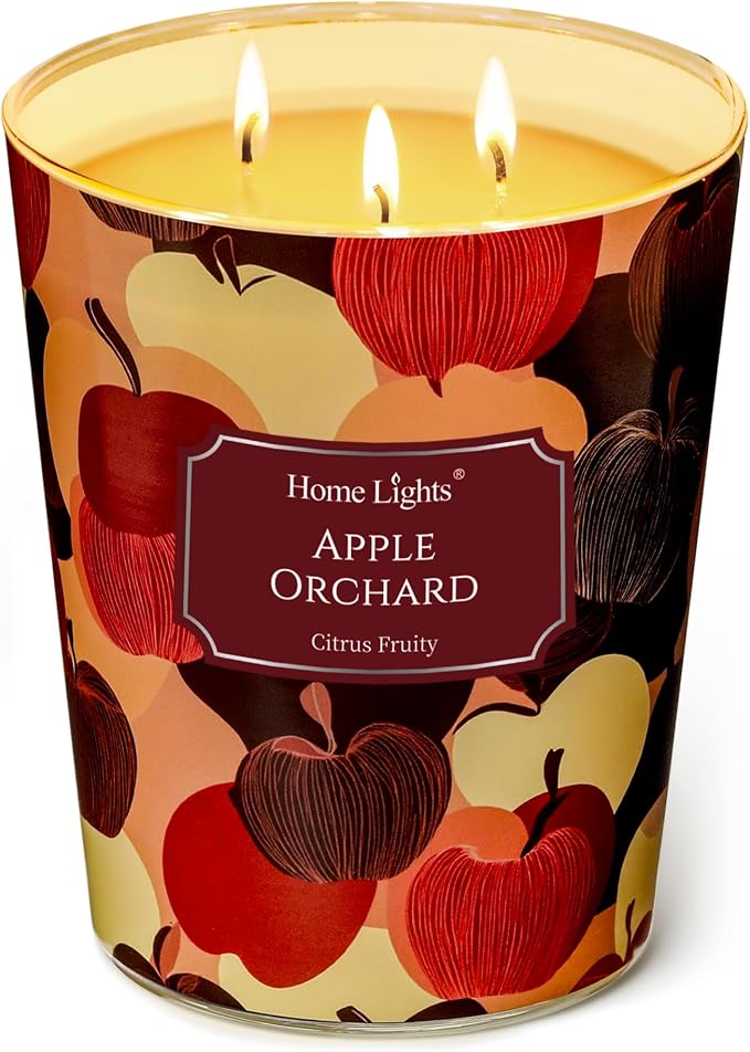 HomeLights Large jar Candle | 3-Wick Long-Lasting Scented Candles, 34oz Natural Soy Wax Candle for Home Scented, Eclectic Mixed Styles Gifts for Women & Men, Apple Orchard