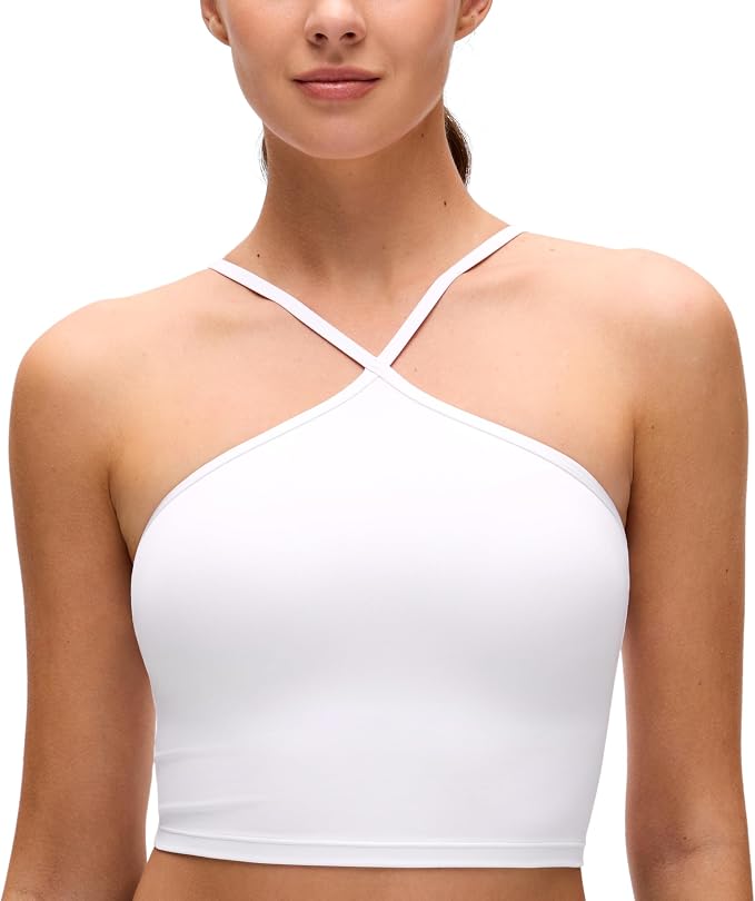 CRZ YOGA Butterluxe Cross Neck Crop Tank Tops for Women - Spaghetti Straps Square Back Padded Yoga Sports Bras