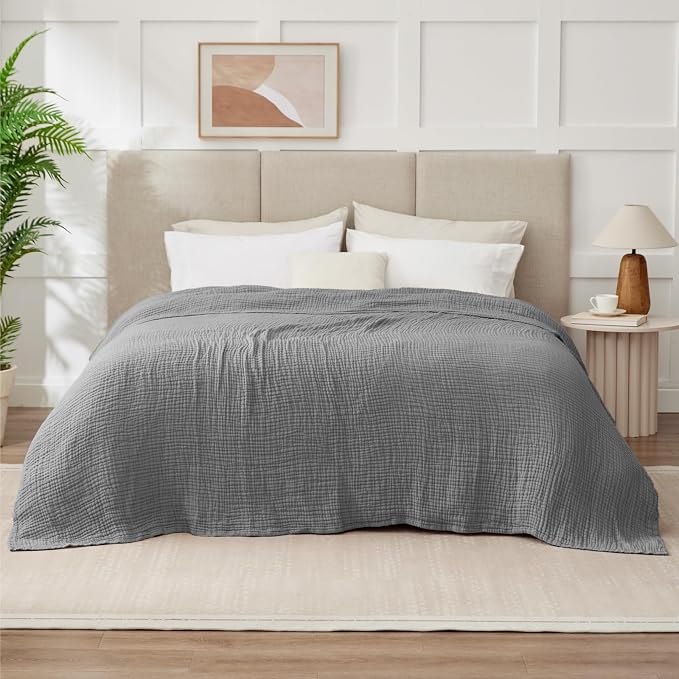 100% Cotton Muslin Blanket California King 120" x 90", 6 Layers Breathable and Lightweight Oversized Blankets for Bed, Soft Cooling Gauze Blanket for Adults All Season, Medium Grey