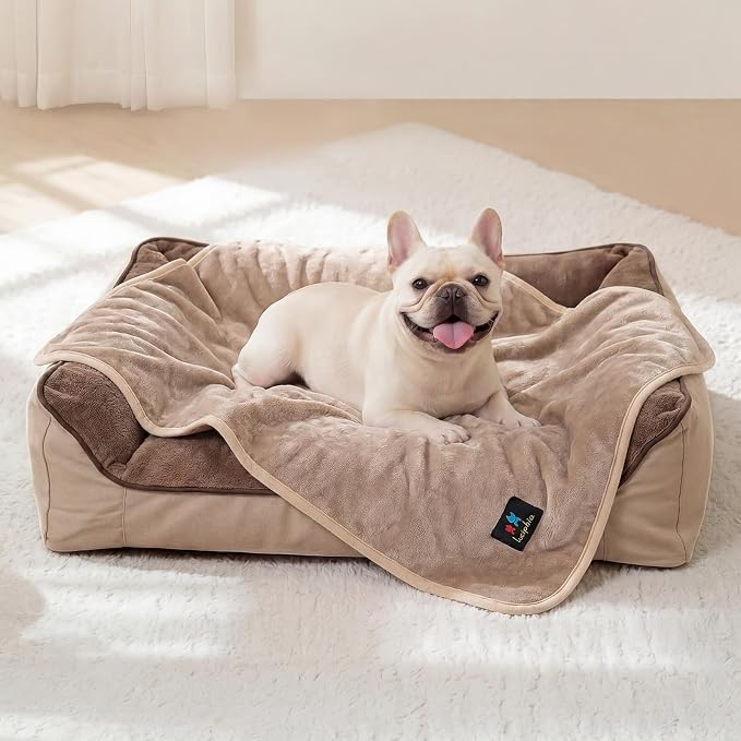 Luciphia Waterproof Pet Blanket, Washable Reversible Sherpa Fleece Throw | Liquid-proof furniture protector for bed and couch, soft reversible sherpa fleece for dogs, cats khaki, S