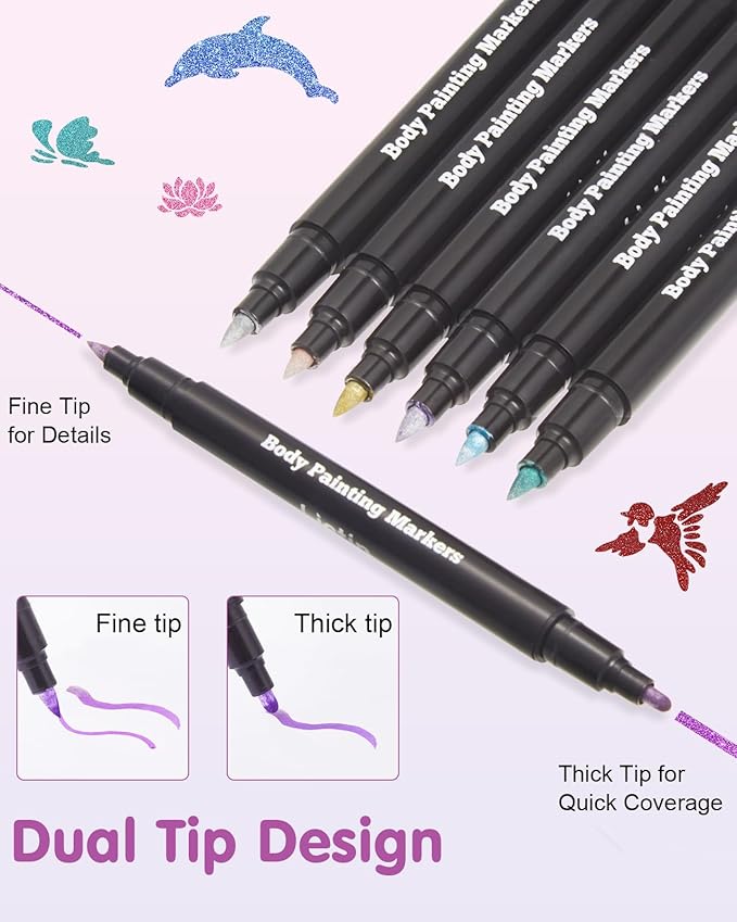 Lictin Temporary Tattoo Markers for Skin, 7 Colors Dual-End Skin Tattoo Pens with 50 Tattoo Stencils, Metallic Body Markers for Kids Teens and Adults, Flexible Brush Tip, Cosmetic-Grade