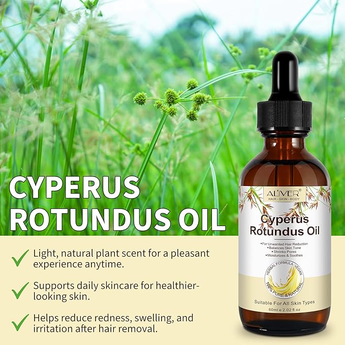 Cyperus Rotundus Oil for Hair Removal, 2PCS 100% Pure Natural Body and Facial Hair Removal for Women, Reduces Unwanted Hair Growth After Shave, Shrink Pores, Hydrates, Soothes and Repairs Skin