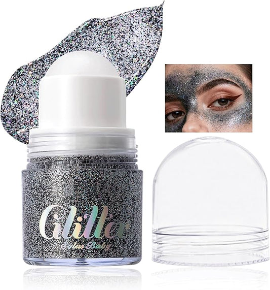 Roll-on face Body Glitter Gel, Holographic Silver Long Lasting Body Glitter Gel for Face Hair, Mermaid Makeup Chameleon Shimmer Sequins, Christmas Festival Party Rave Accessories for Women Gifts-03