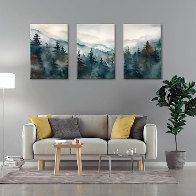 Bwodke Pine Forest Mountain Canvas Wall Art Set of 3, 12x16 inch | Boho Nature Wall Decor, Pine Forest Mountain Landscape Prints, Living Room Bedroom Office Art