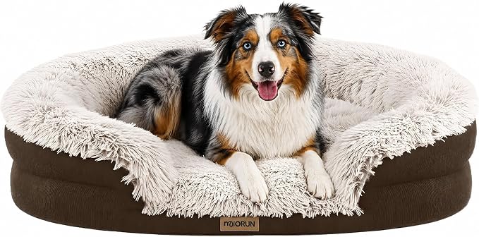 Fluffy Orthopedic Dog Beds Large Sized Dog, 40" Bolster Sofa Bed | Soft plush faux fur,lowered entry,washable cover,waterproof liner,claming dog couch for x-large dogs,supportive bolster