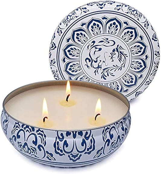 Citronella Candle Outdoor Large 3 Wick 13.5oz Soy Wax Candle with Lid in Blue and White Container for Patio Porch, 75 Hour Burn