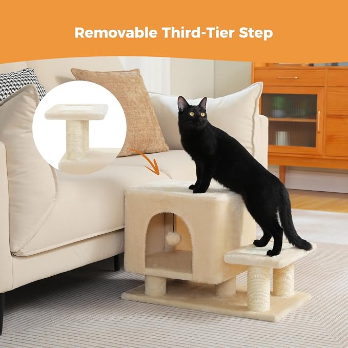 3-in-1 Cat Stairs with Scratching Post & Condo, Pet Steps, Beige | Pet Steps for High Beds, Sofa, Couch, Tall Cat Tower, High-Strength Boards for Indoor Small Cats Kittens Dogs Climbing Play