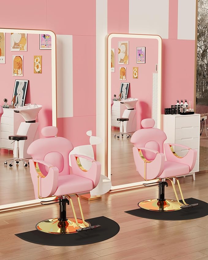 Baasha Ergonomic Reclining Salon Chair with Adjustable & Removable Headrest, Gold & Pink Hydraulic Styling Chair, Soft PU Leather, 135° Recline, 360° Swivel, Heavy-Duty Steel Frame, 330 lbs Capacity