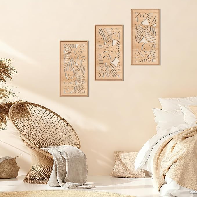 IARTTOP Tropical leaf Wood Wall Decor Framed Palm Monstera Leaves Wooden Wall Art Coastal Hawaii Art decor 7.87x15.75 Inch Set of 3 for Living room Bedroom Office
