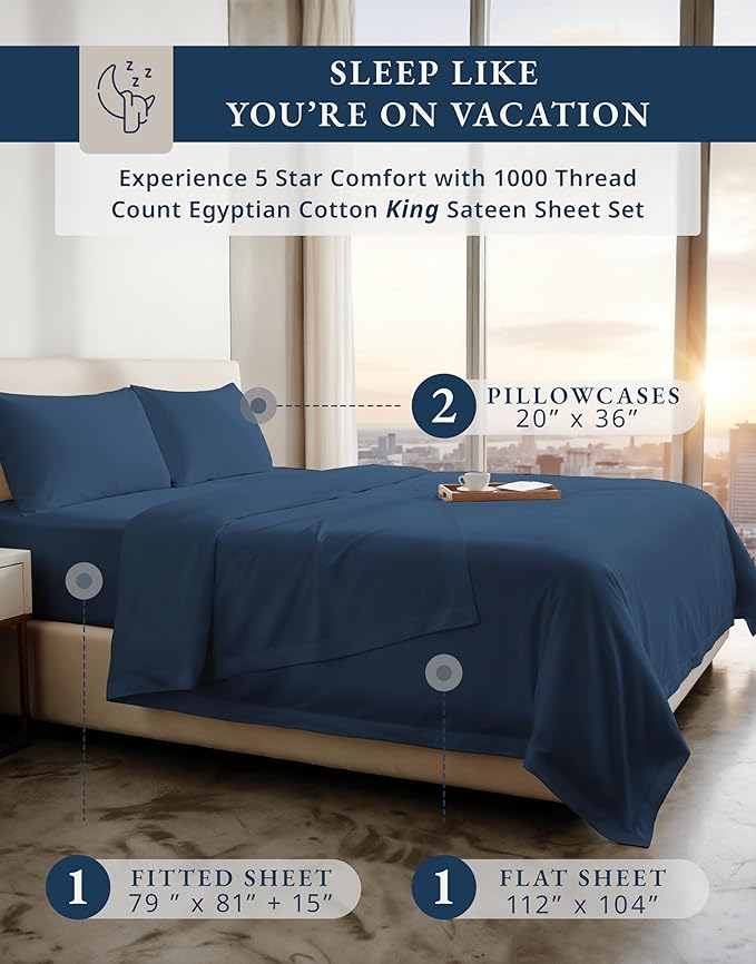 LANE LINEN 100% Egyptian Cotton Sheets King Size - 1000 Thread Count King Bed Sheets, Ultra-Soft Hotel Luxury with 15" Deep Pocket, Naturally Breathable & Durable, Silky Sateen Weave - Estate Blue