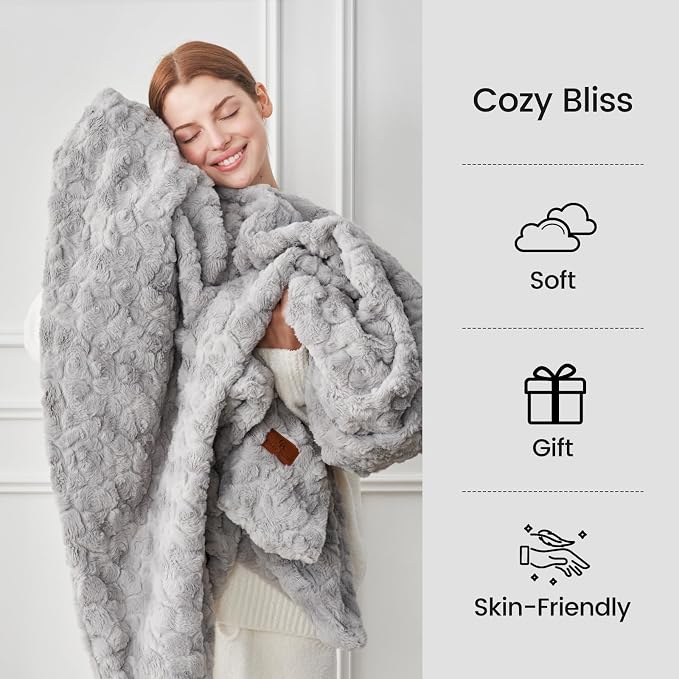 Cozy Bliss Faux Fur Throw Blanket for Couch, Fuzzy Soft Plush Thick Warm Fluffy Reversible Wave Textured Blanket for Sofa Bedroom Living Room, 55 * 70 Inches Grey (Pack of 2)