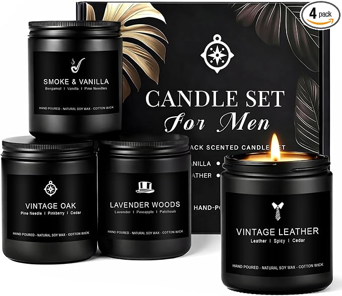 Candles for Men Gift Set, 4 Pack Masculine Scented Soy Candles for Men, Leather, Smoke, Oak & Lavender Scents, Aromatherapy Candle Gift Set for Dad, Husband, Boyfriend, Birthday, Him
