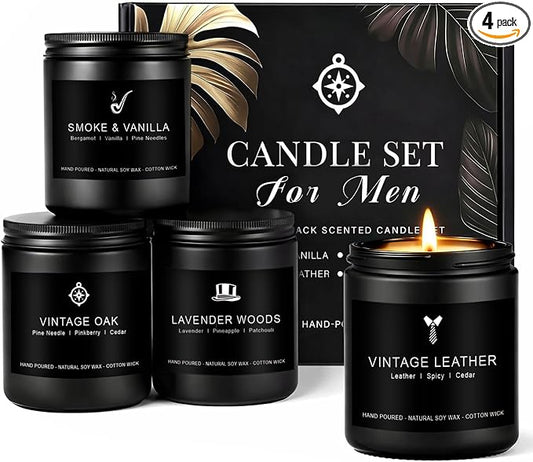 Candles for Men Gift Set, 4 Pack Masculine Scented Soy Candles for Men, Leather, Smoke, Oak & Lavender Scents, Aromatherapy Candle Gift Set for Dad, Husband, Boyfriend, Birthday, Him