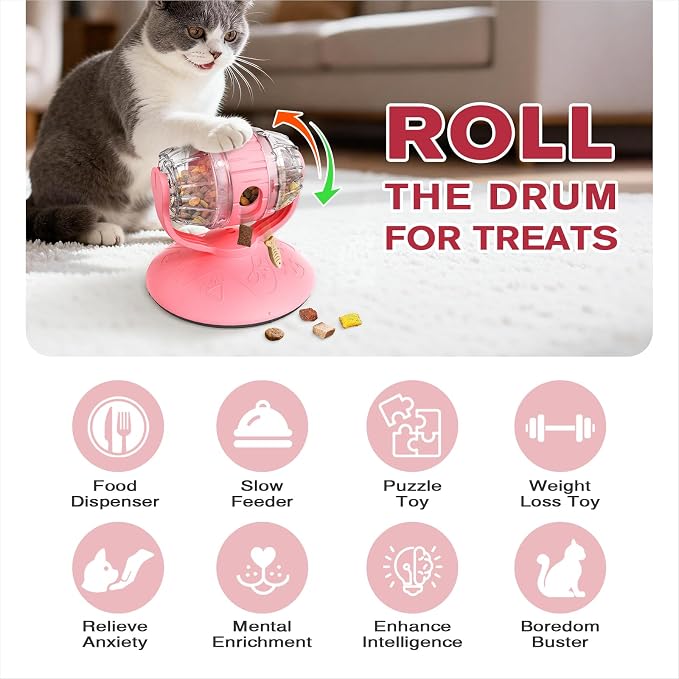 Rotating Interactive Cat Treat Dispenser Toy - Slow Feeder Puzzle for Indoor Cats-Pink