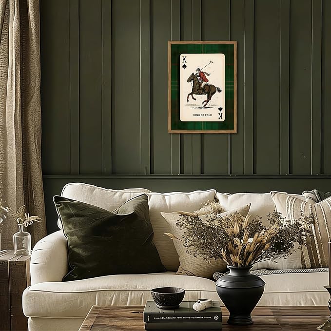 Vintage Equestrian Wall Art, King of Polo Wall Decor Painting Rustic Race Horse Sports Poster Canvas Prints Picture for Game Room Living Room Bedroom 16x24 inch Wood Framed