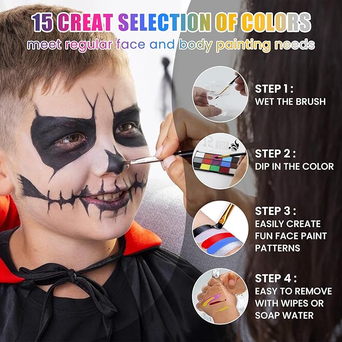 15 Color Face Paint Kit, Professional Face Painting Kit SFX Makeup Palette, Water Activated Body Paint for Cosplay Halloween Party for Kids and Adults Safe Non Toxic with 12 Pcs Brush & Stencils Matte