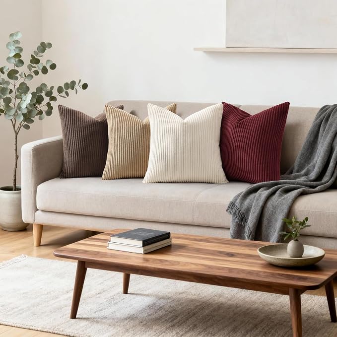 Mecatny Corduroy Decorative Throw Pillow Covers 18x18 Set of 2 Burgundy | Soft Striped Texture, Hidden Zipper Design, Neutral Boho Square Pillow Cases for Sofa Couch Living Room Bedroom, Home Décor