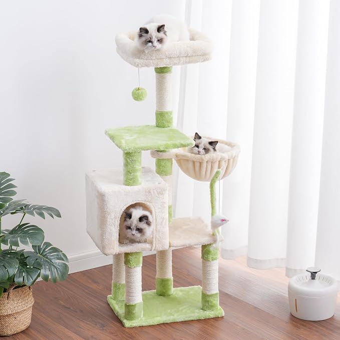 Heybly Cat Tree with Toy, 43.3 inch Cat Tower for Indoor Cats HCT004SGM | Cat Condo with Durable Sisal Scratching Posts, Cat House with Padded Plush Perch, Cozy Hammock, Green and Beige