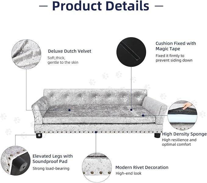 XL Dog Sofa Bed: Luxury Dutch Velvet Jumbo Pet Couch Furniture | Luxury Modern Indoor Dog Furniture, Elevated Wooden Frame Doggie Lounge Bed up to 132lbs, Replaceable Cover, Easy Clean