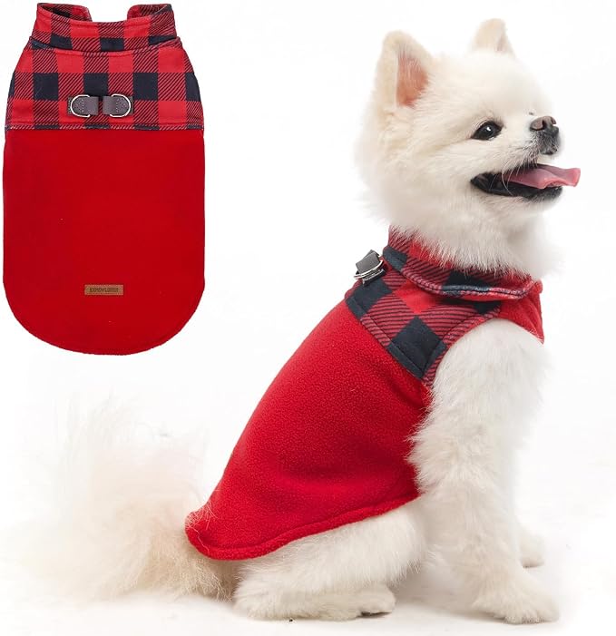 Christmas Fleece Dog Sweater for Small Medium Dogs - Classic Plaid Jacket, Doggie Winter Coat Vest with 2 D-Rings for Leash, Cold Weather Clothes,Pet Apparel,Sweatershirt for Boy or Girls