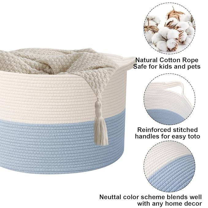 115L Extra Large Woven Blanket Basket, Laundry Hamper-White&Blue | Collapsible, reinforced handles, nursery storage bin organizes clothes, toys and pillows for living room, bedroom bathroom