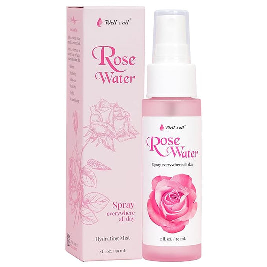 Well's Oil Rosewater Face & Hair Mist Spray (2 fl oz / 59 mL) | Floral Rosewater Hydrosol | Alcohol-Free
