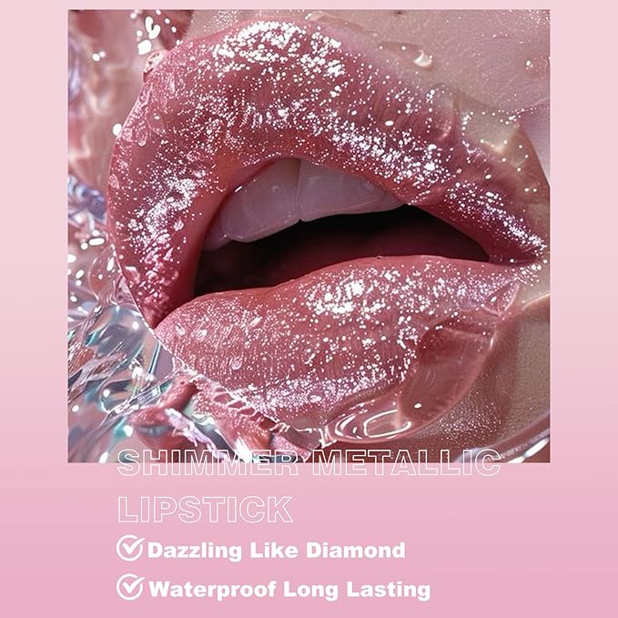 Metallic Lipstick Glitter Lip Stick Long Lasting Waterproof Shine Lip Crayon without Drying or Fading Sparkling High Pigmented Lip Stain Transfer-proof Wear Full Coverage Makeup for Women, 5